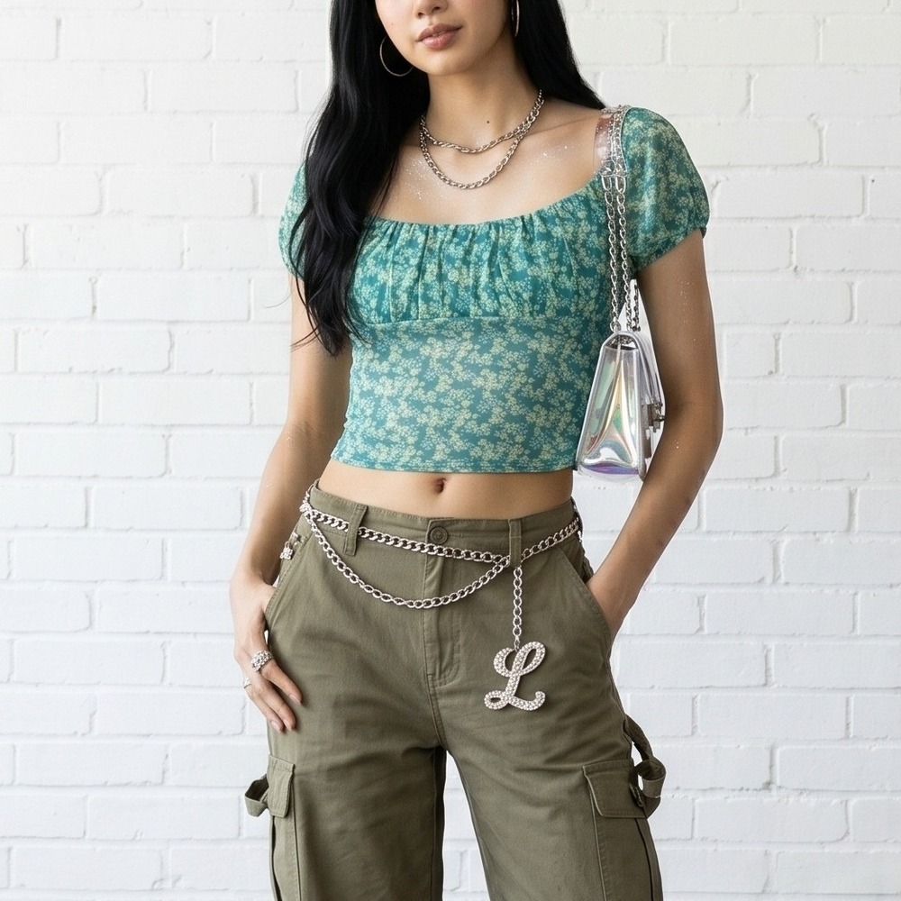 No Boundaries Mesh‎ Top L 12-14 Green Floral Y2K Fairycore Short Sleeve Sheer
